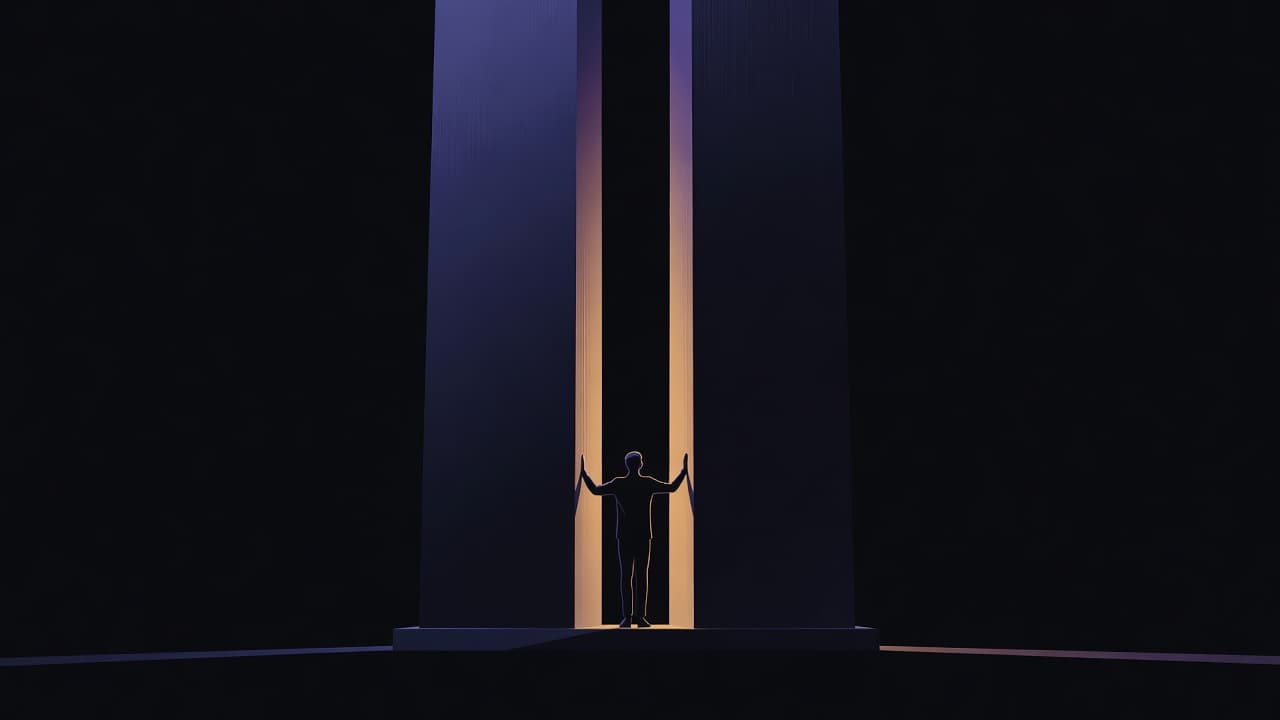 A single figure standing in the narrow gap between two tall filing-cabinet columns labelled Design and Engineering, one hand resting on each, rendered in flat editorial style.