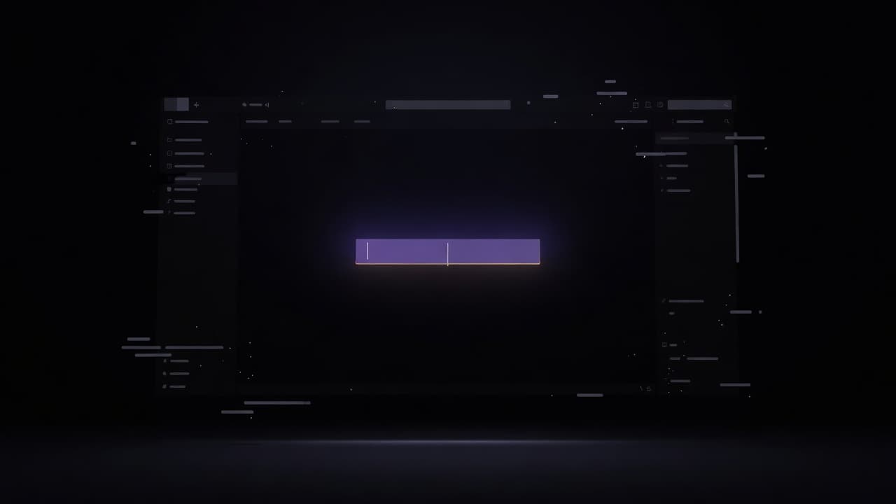 A single glowing search rectangle floating at the centre of an otherwise dark application screen, a cursor blinking inside it, with faint greyed-out menus and sidebars dissolving away behind it to suggest a whole interface collapsing into one line of text.