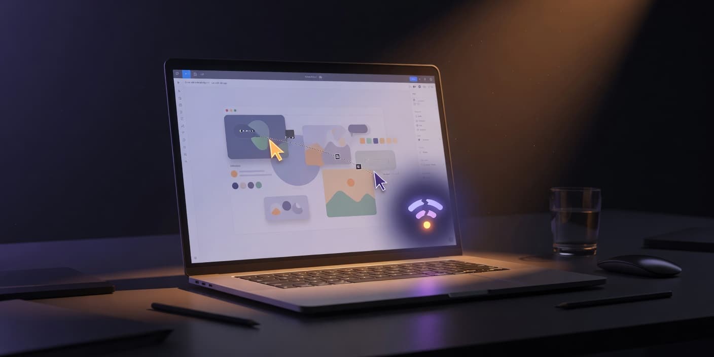 A laptop screen showing a collaborative canvas mid-edit while a broken wifi symbol hovers in the corner, the interface unbothered and still responsive, rendered in cool cyan and deep charcoal tones.