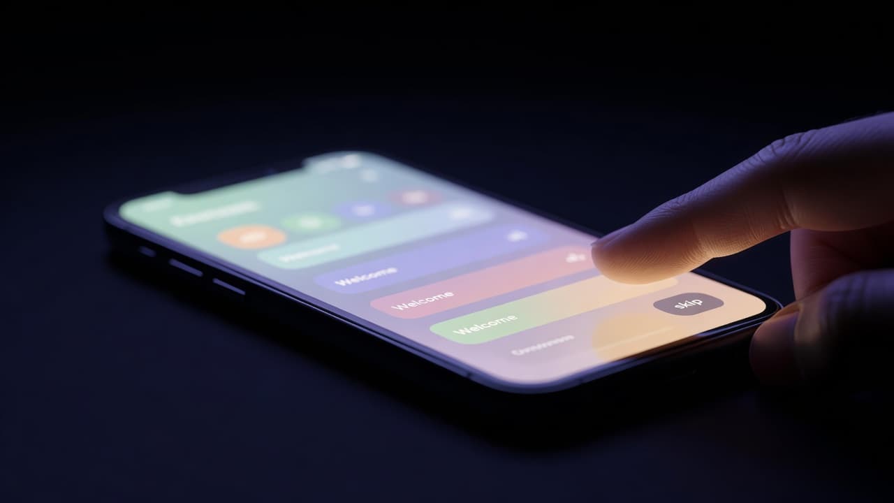 A blurred app welcome carousel on a phone screen with a thumb hovering over a small grey Skip button, the illustrated tour panels going unread.