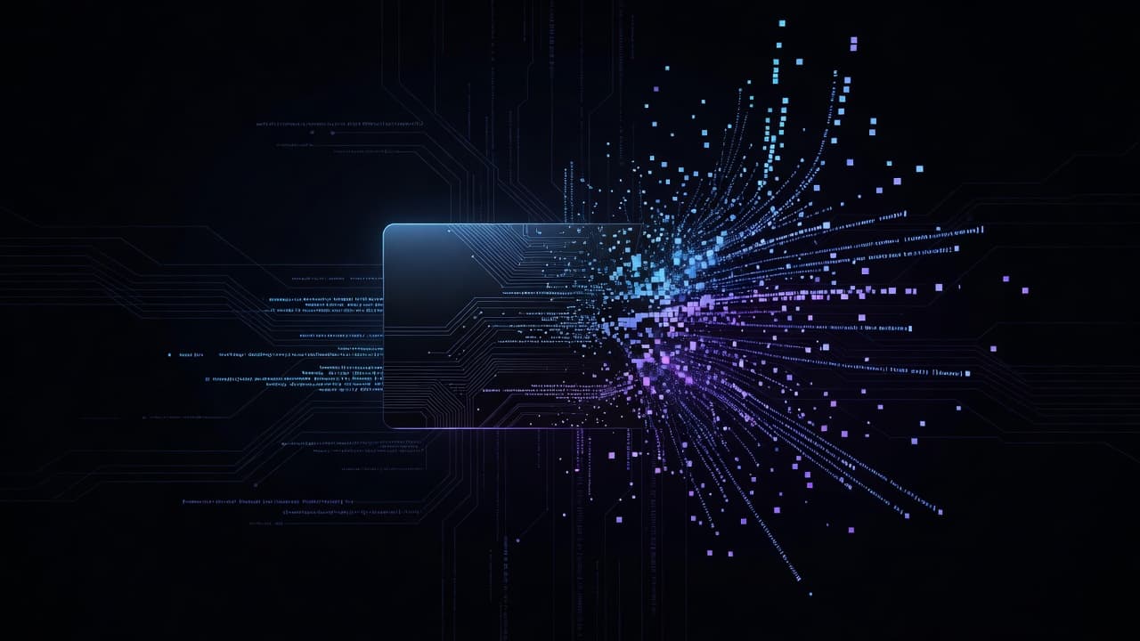A crisp job title card reading Prompt Engineer, half dissolving into scattered pixels and lines of plain configuration code, on a dark technical background with cyan accents.