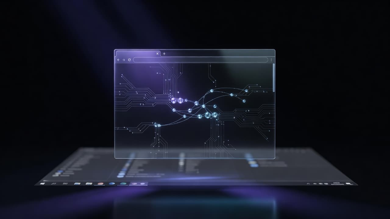 A browser window rendered as a translucent glass panel floating above a dimmed desktop operating system, with GPU circuitry and small neural network nodes glowing inside the tab, cyan and purple accents on a near-black background.