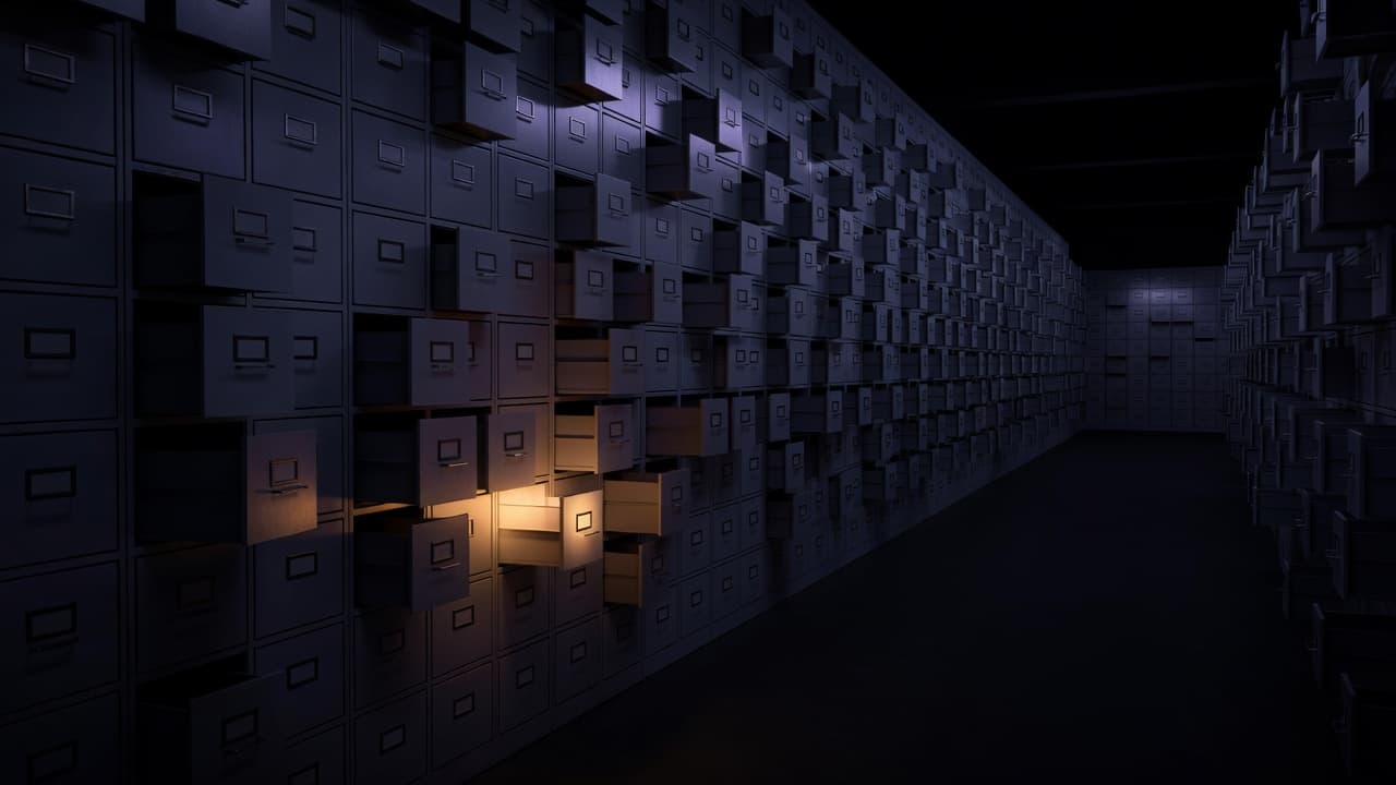 A vast filing hall stretches into the distance, most of its drawers hanging open and empty while a single small drawer near the front glows, suggesting a system that retains almost nothing yet holds tightly to a chosen few facts.