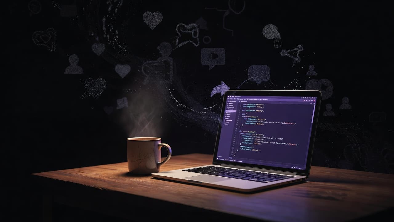 A softly lit desk at night showing a laptop with a plain hand-coded HTML page open in a text editor, a mug of coffee beside it, framed against a background of tangled social-media feed icons dissolving into static.