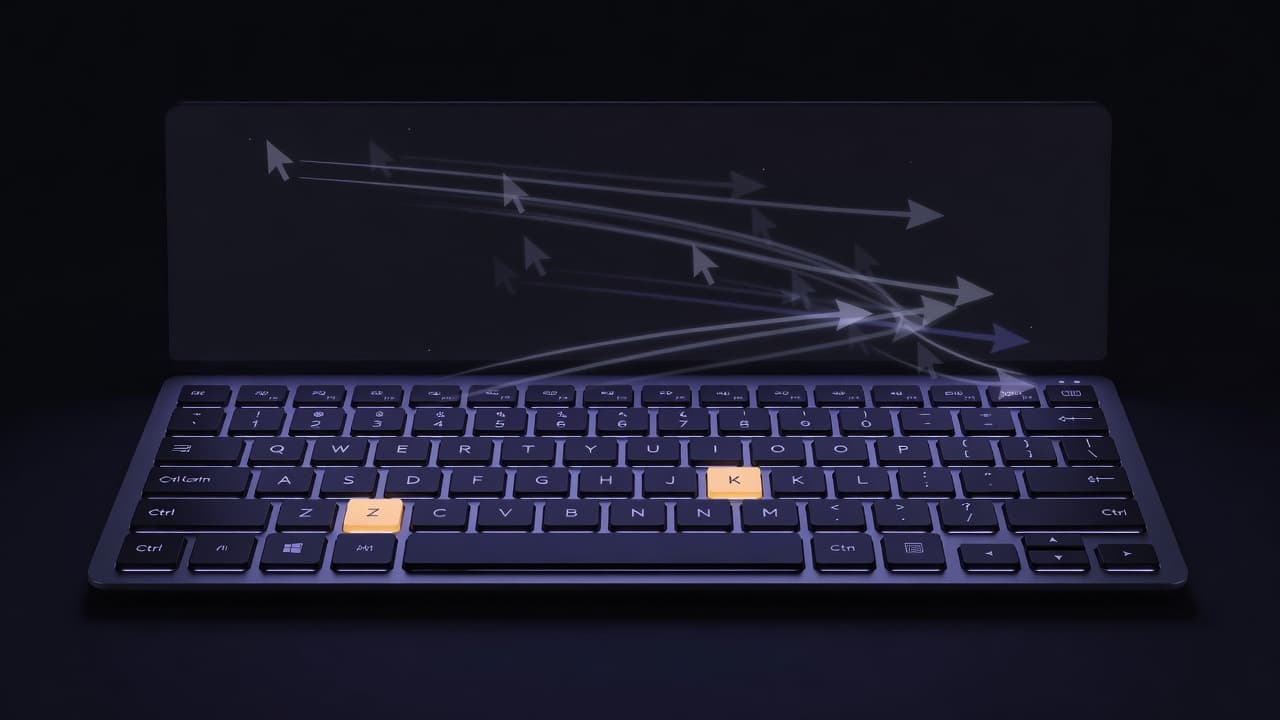 A glowing keyboard shot from above with the Command and Z keys lit brighter than the rest, faint ghosted afterimages of a cursor trailing across a dark screen behind it, suggesting an action repeatedly undone.